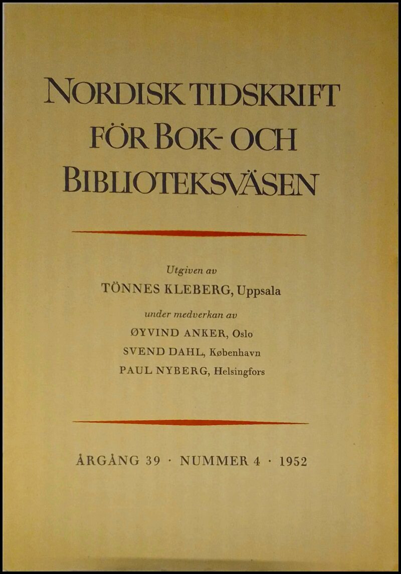Nordisk tidskrift för bok- och biblioteksväsen | 1952 / 4