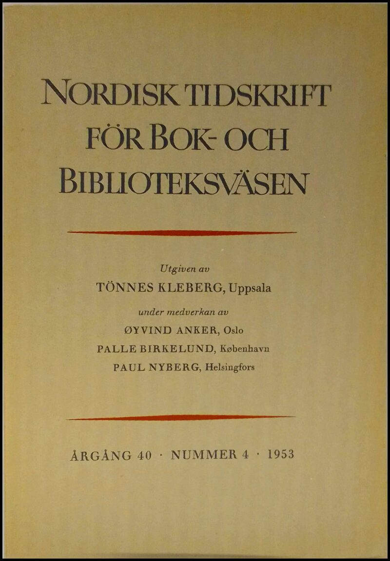 Nordisk tidskrift för bok- och biblioteksväsen | 1953 / 4