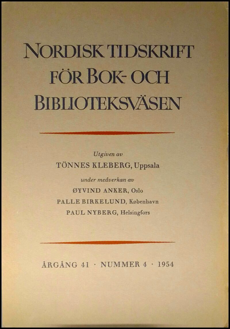 Nordisk tidskrift för bok- och biblioteksväsen | 1954 / 4