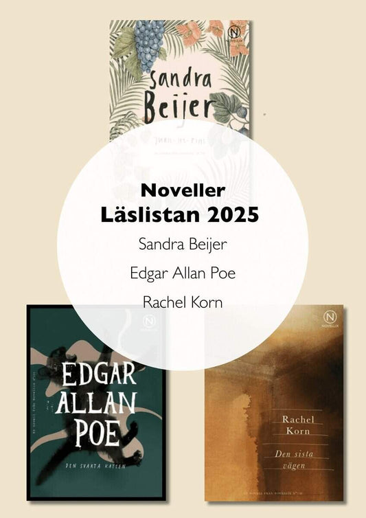 Noveller Läslistan 2025 : Sandra Beijer, Edgar Allan Poe och Rachel Korn.
