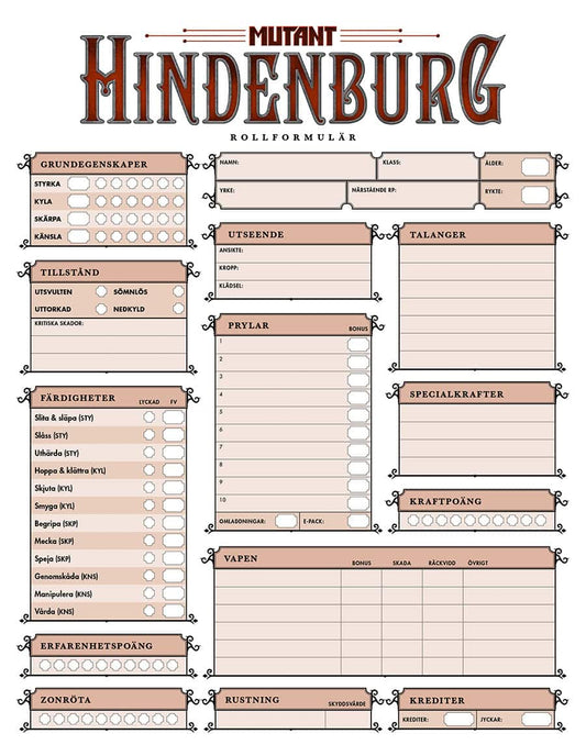 Mutant : Hindenburg. Rollformulärsblock