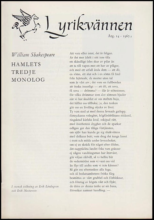 Lyrikvännen | 1967 / 2 : William Shakespeare : HAmlets tredje monolog