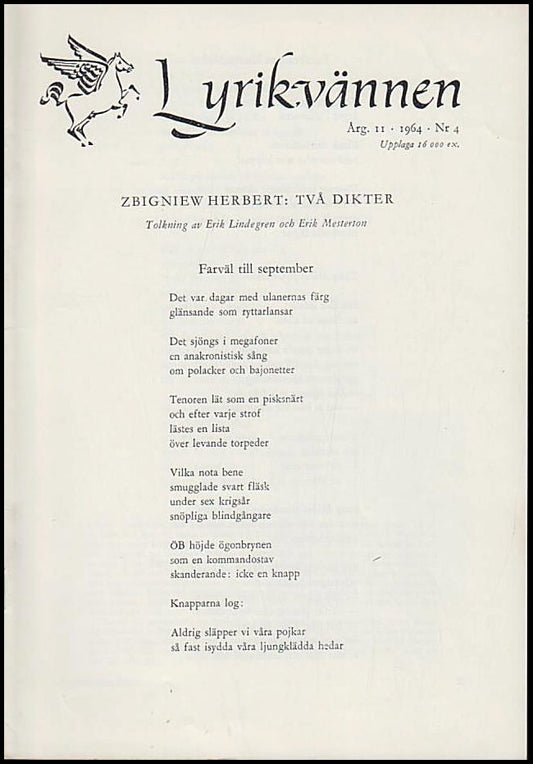 Lyrikvännen | 1964 / 4 : Zbigniew Herbert