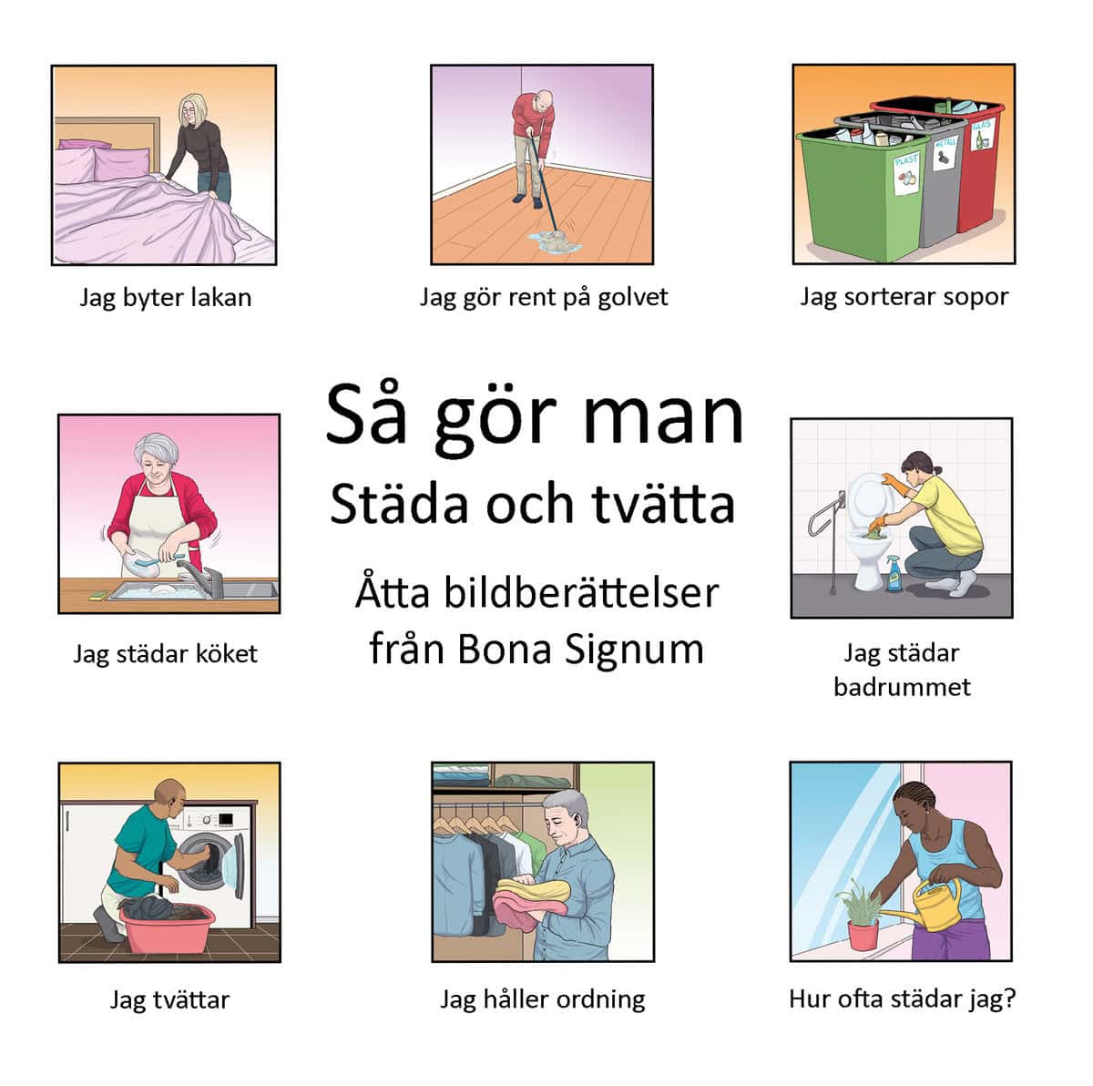 Gomér, Ann | Så gör man Städa och tvätta : Ask med åtta bildberättelser