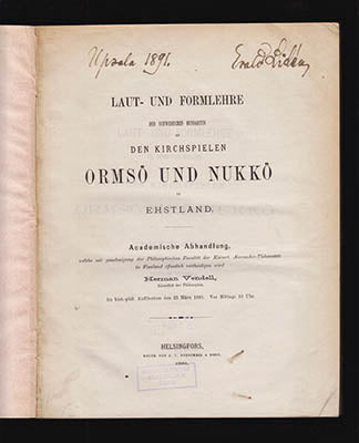 Vendell, Herman | Laut- und Formlehre : der schwedischen Mundarten in der Kirchspielen Ormsö und Nukkö in Ehstland. Acad...