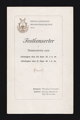Uppsalasångens hundraårsjubileum 1913 : Festkonserter i Universitetes aula Lördagen den 20 Sept