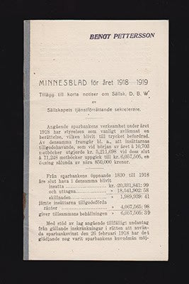 Pettersson, Bengt | Minnesblad för året 1918-1919 : Tillägg till korta notiser om Sällsk. D. B. W. av Sällskapets tjänst...