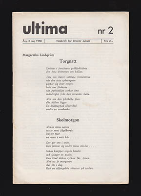 Frick, Lennart [red.] | Ultima : Tidskrift för litterär debatt Nr 2 Årg. 2 Maj 1958 (sista numret av fyra)