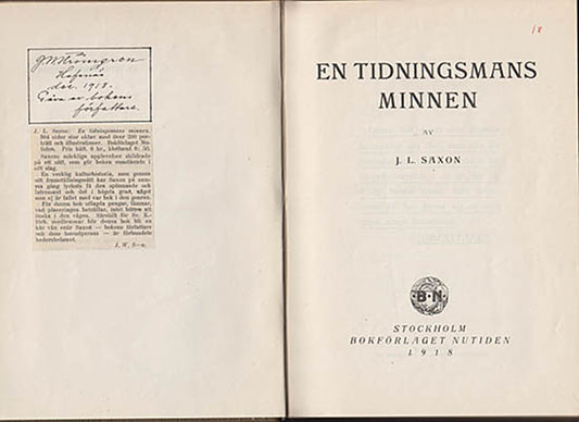 Saxon, J. L. (Johan Lindström, 1859-1935) | En tidningsmans minnen