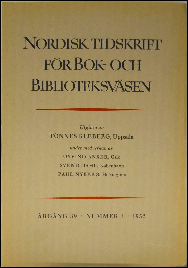 Nordisk tidskrift för bok- och biblioteksväsen | 1952 / 1