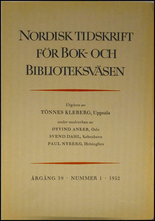 Nordisk tidskrift för bok- och biblioteksväsen | 1952 / 1