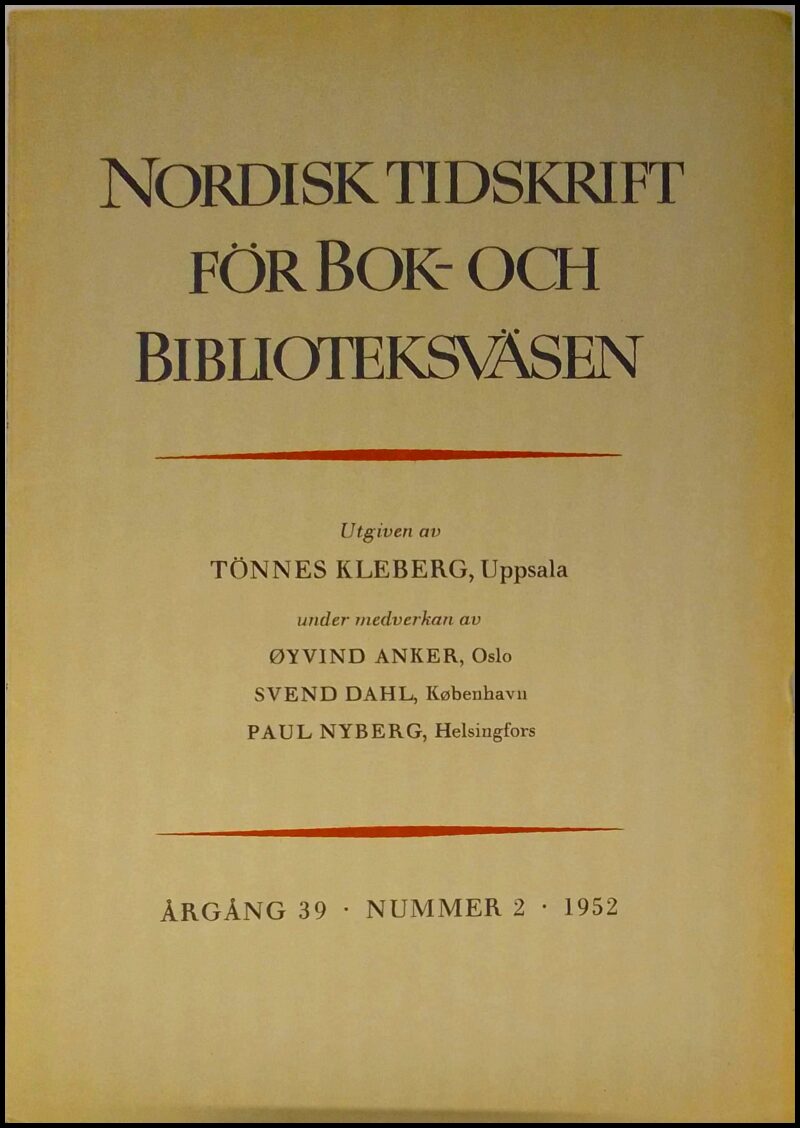 Nordisk tidskrift för bok- och biblioteksväsen | 1952 / 2