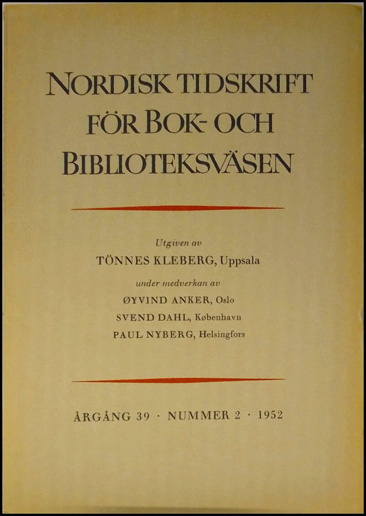 Nordisk tidskrift för bok- och biblioteksväsen | 1952 / 2
