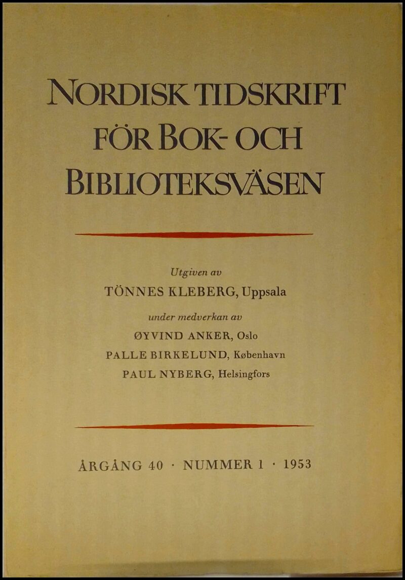 Nordisk tidskrift för bok- och biblioteksväsen | 1953 / 1