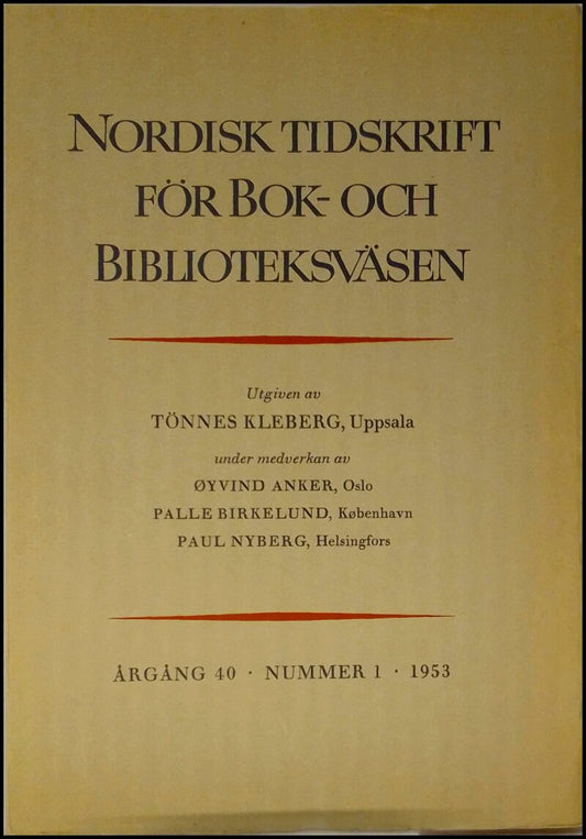 Nordisk tidskrift för bok- och biblioteksväsen | 1953 / 1