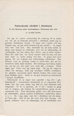 Behm, Alarik | Naturskydd, särskilt i Jämtland : Ur ett föredrag under kulturmässan i Östersund, juli 1920